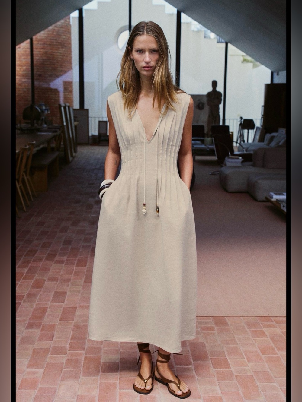 ZARA NWT ❗️Sleeveless Cream LINEN Midi Dress with FronT DRAW strings